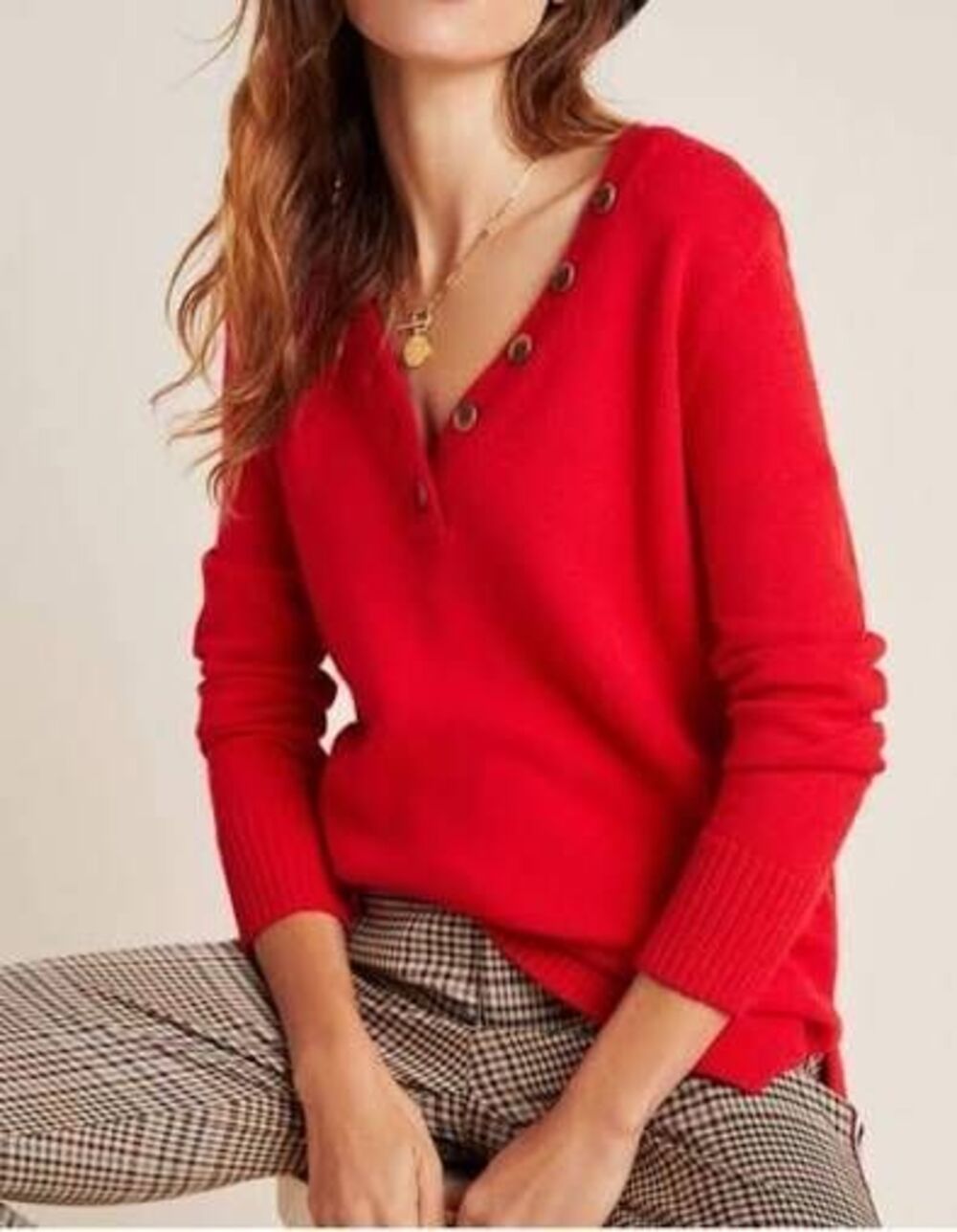 Anthropologie Red Serena V-Neck Button Detail Sweater Size XS